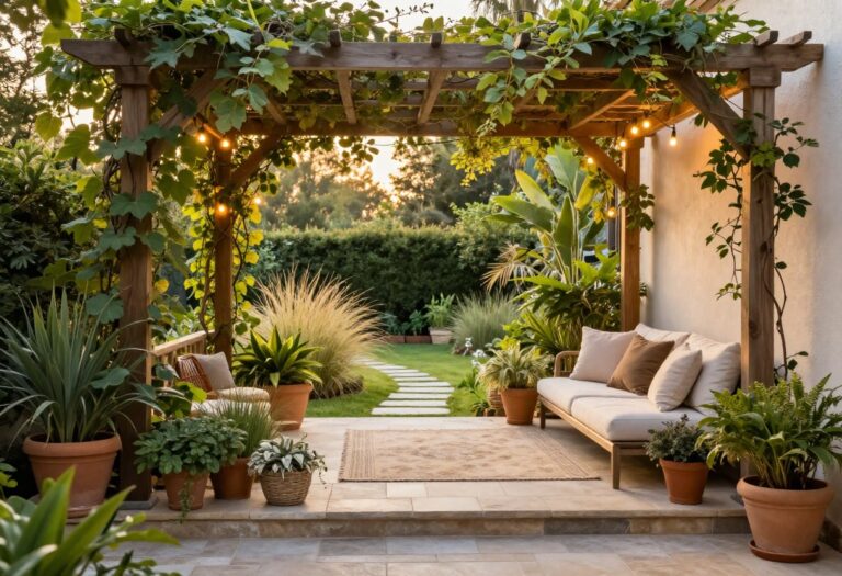 A beautifully landscaped patio with stone borders, potted plants, a pergola, and cozy seating, framed by a lush garden.