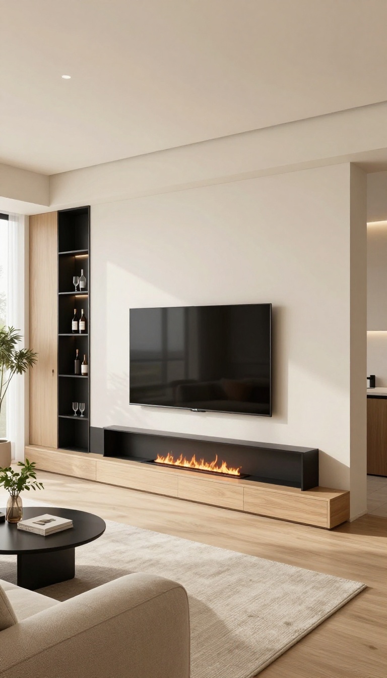 Modern living room with a multi-functional TV unit featuring an electric fireplace and built-in bar.
