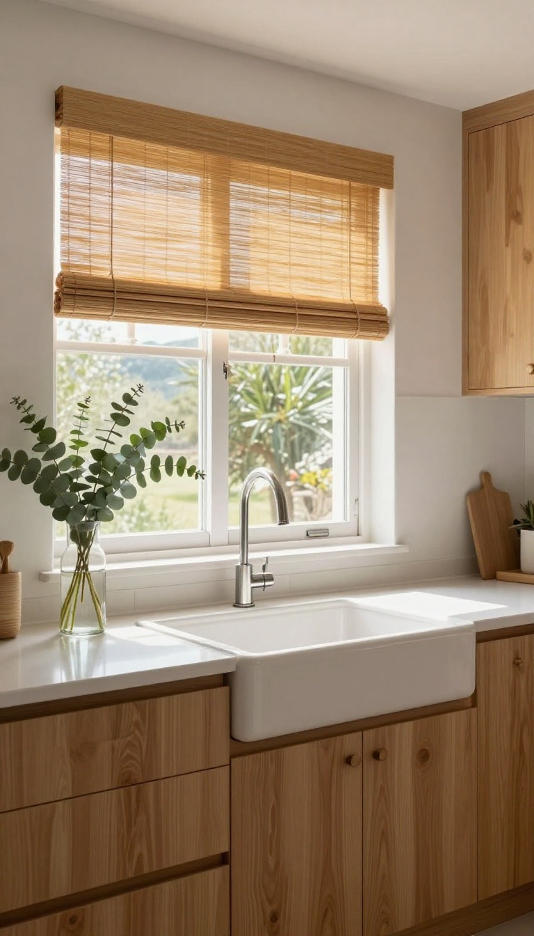 Kitchen window above sink with bamboo shades letting in soft light