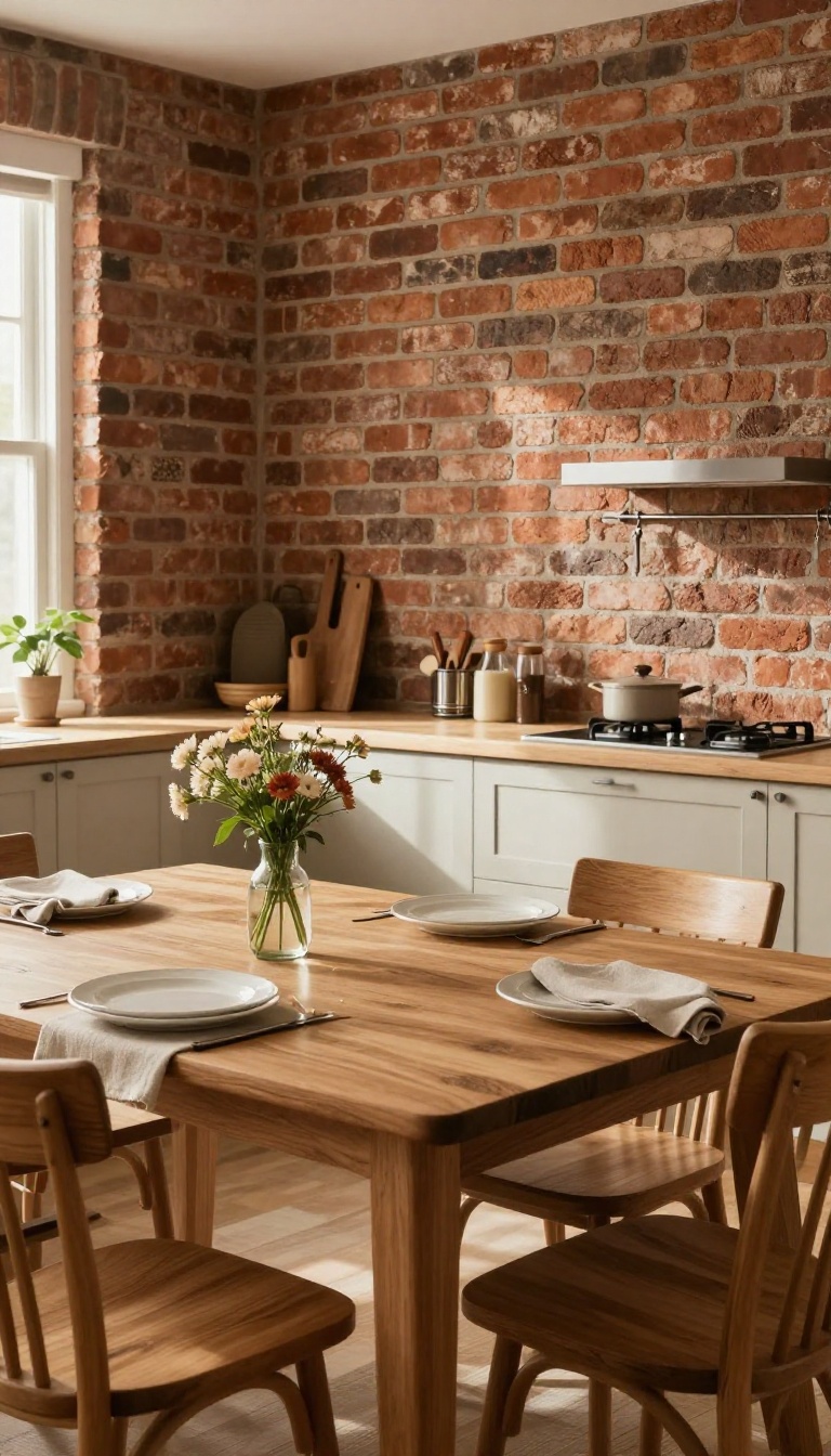 Cozy kitchen dining area with a brick accent wall behind a wooden table set with simple tableware, bright natural light.