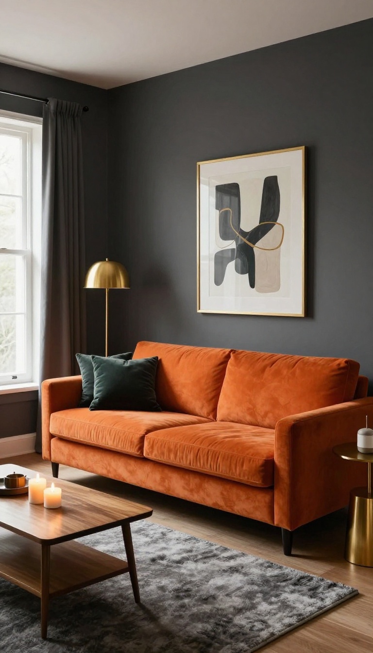 A cozy living room with an orange couch against dark charcoal walls, lit by warm lamps and candles, with brass accents and a gold-framed art piece.