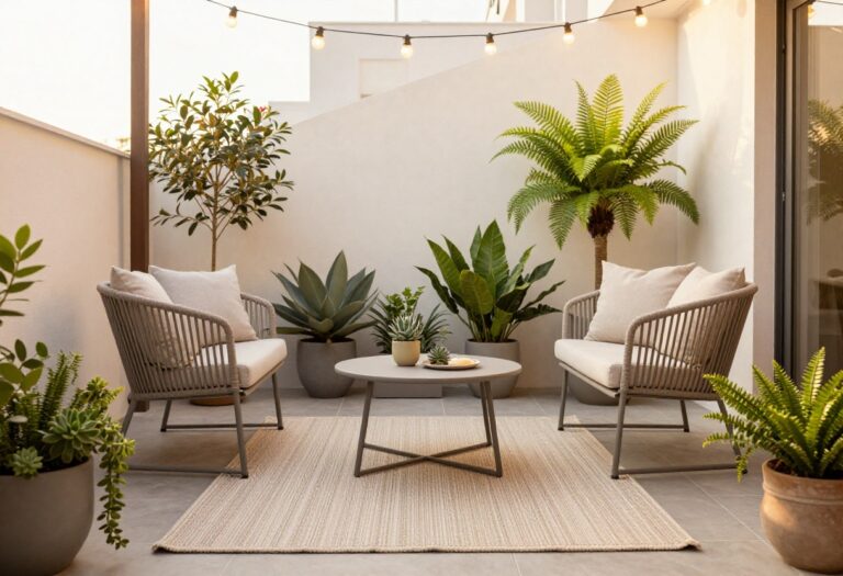 Cozy apartment patio with string lights and bistro set