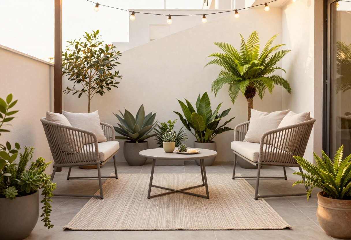 Cozy apartment patio with string lights and bistro set