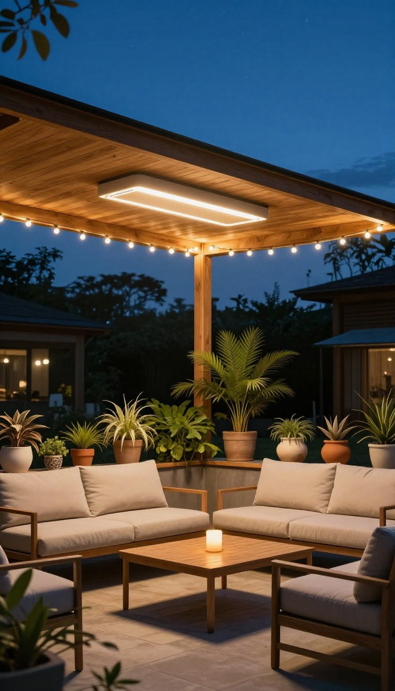 Covered patio with a ceiling-mounted infrared heater providing warmth for chilly evenings