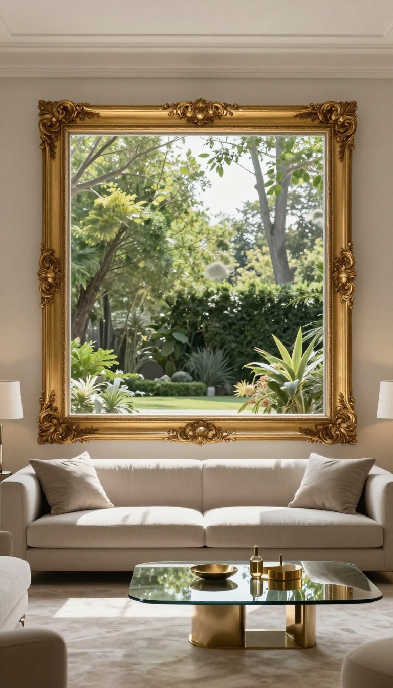 Modern luxury living room with a large gold-framed mirror reflecting light from a window, making the space feel larger and brighter.