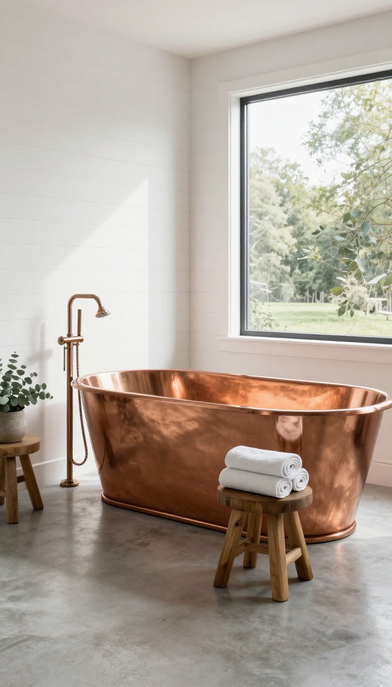 Freestanding copper tub with shower in a modern farmhouse bathroom