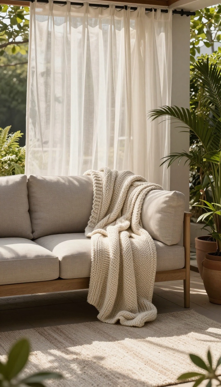 Cozy patio with soft textiles including throws, outdoor rug, and curtains