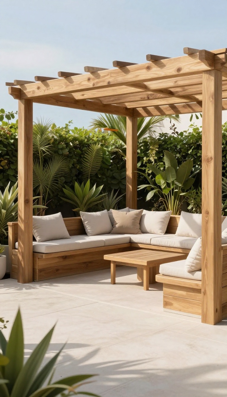 Pergola with built-in seating, outdoor room, patio inspiration