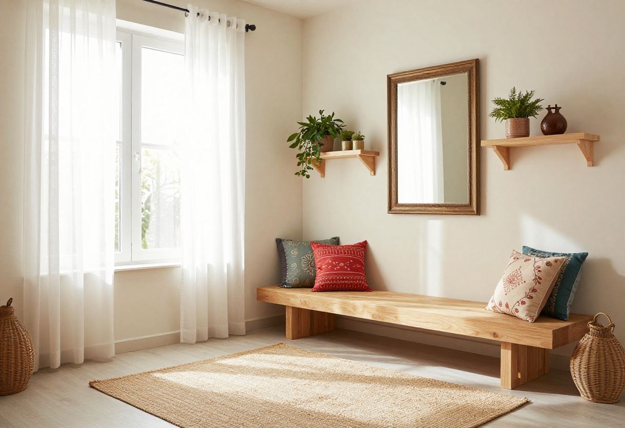 Small Indian living room with low seating, wall shelves, and a mirror