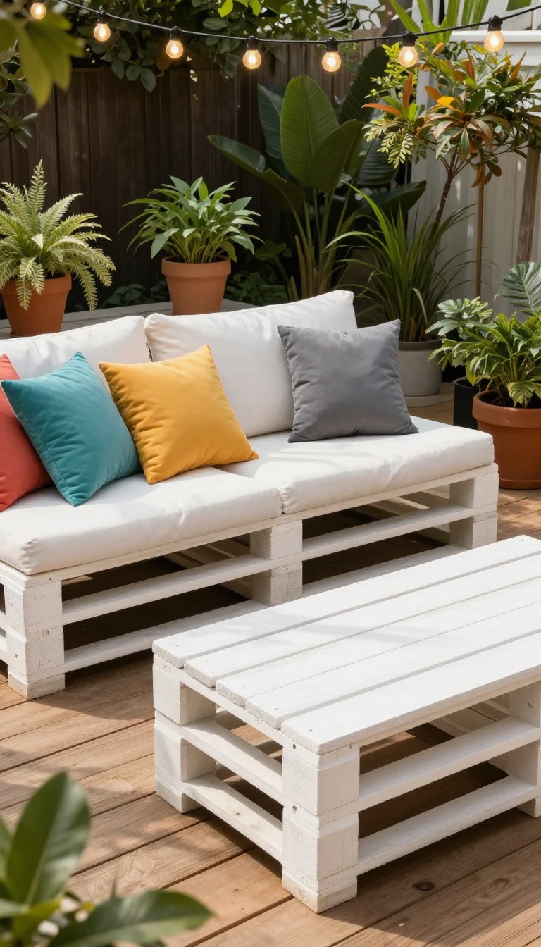 DIY pallet sofa and coffee table with cushions on a sunny patio