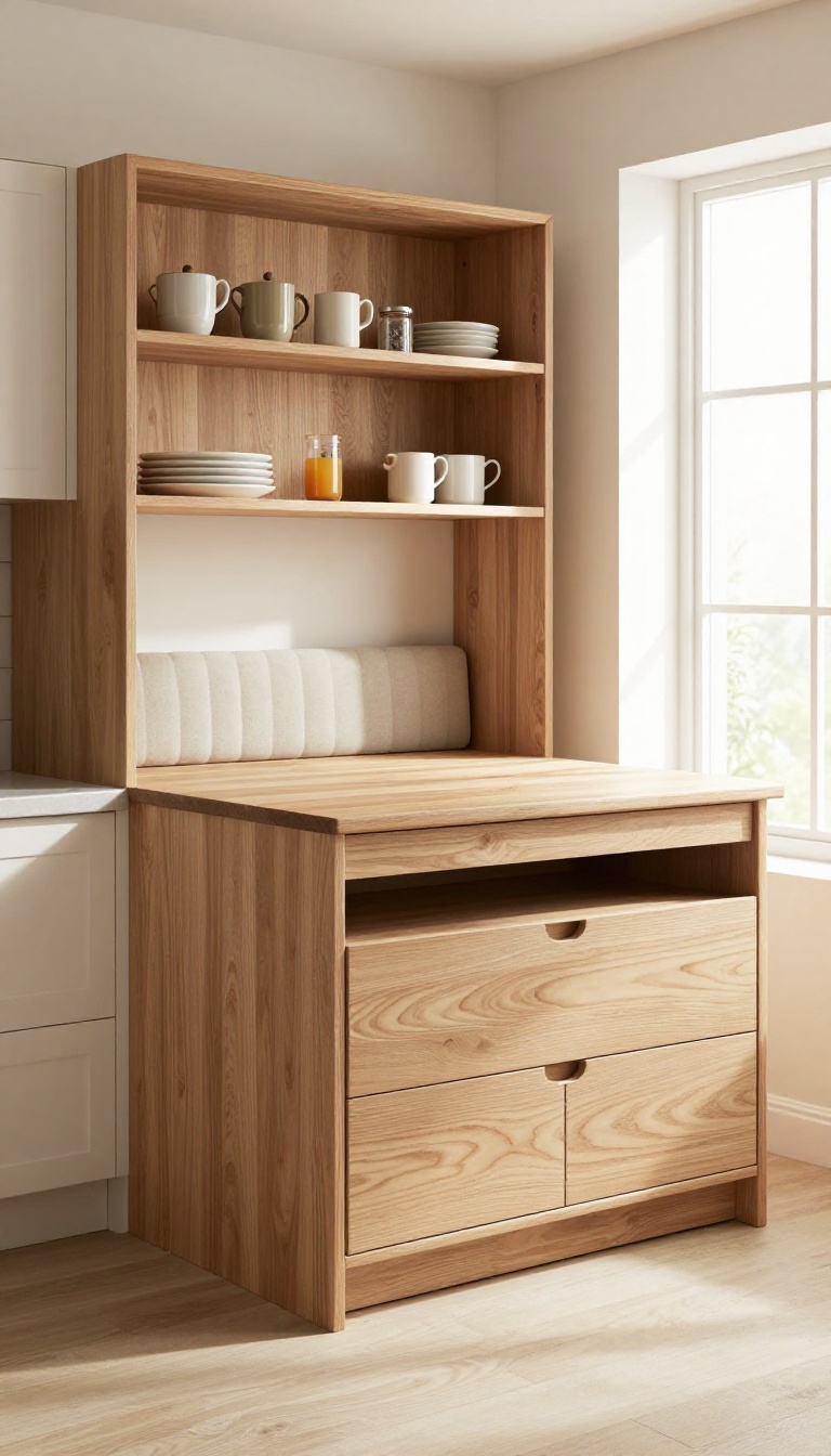 Built-in banquette seating with a sideboard in a bright kitchen nook