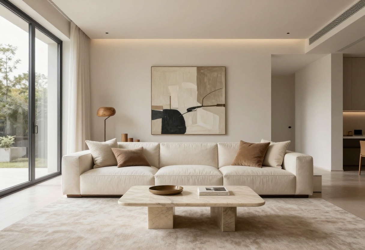 Modern luxury living room with cream sofa, marble coffee table, and large windows