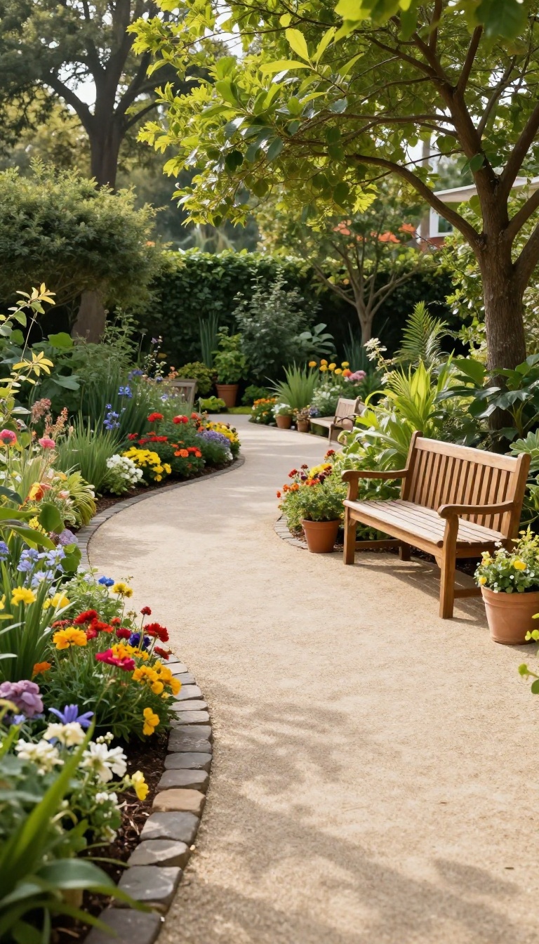 Curved gravel patio with pathway winding through a garden, surrounded by trees and flowers