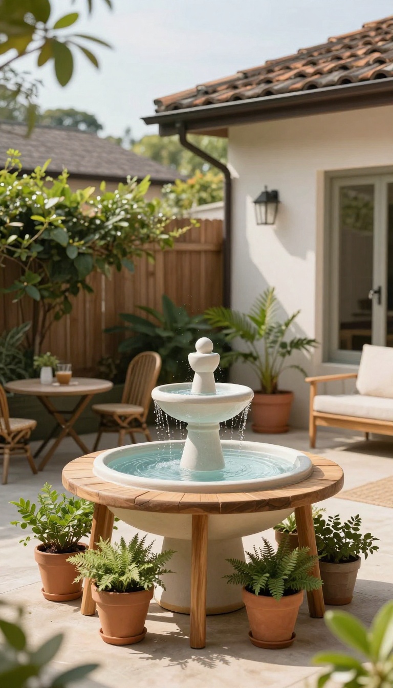 Small patio with a tabletop water fountain surrounded by plants and bistro seating