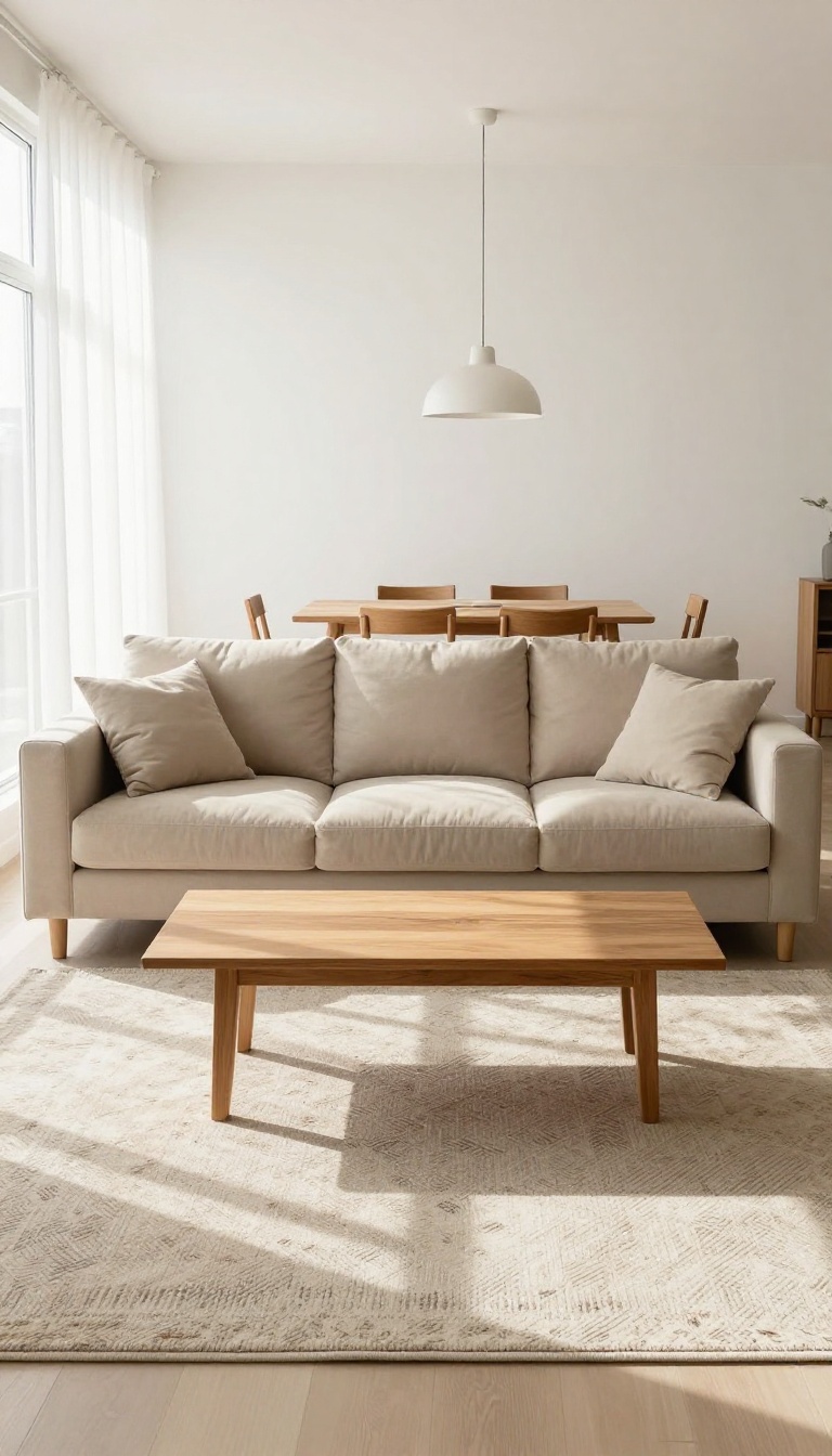 Small living room with a rug defining a cozy seating area, separated from a dining nook in the background.