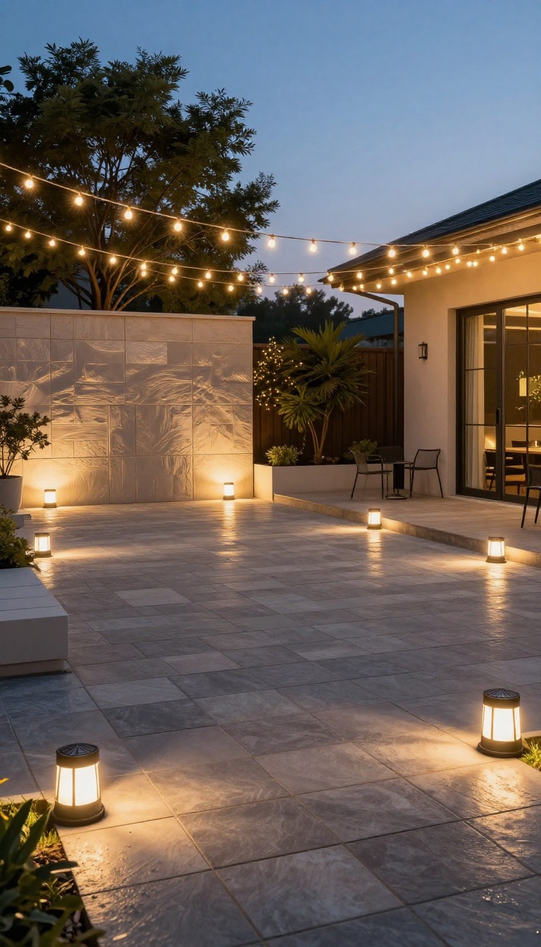 A paver patio at dusk with layered lighting, including path lights, uplights, and string lights, creating a warm and inviting outdoor space.