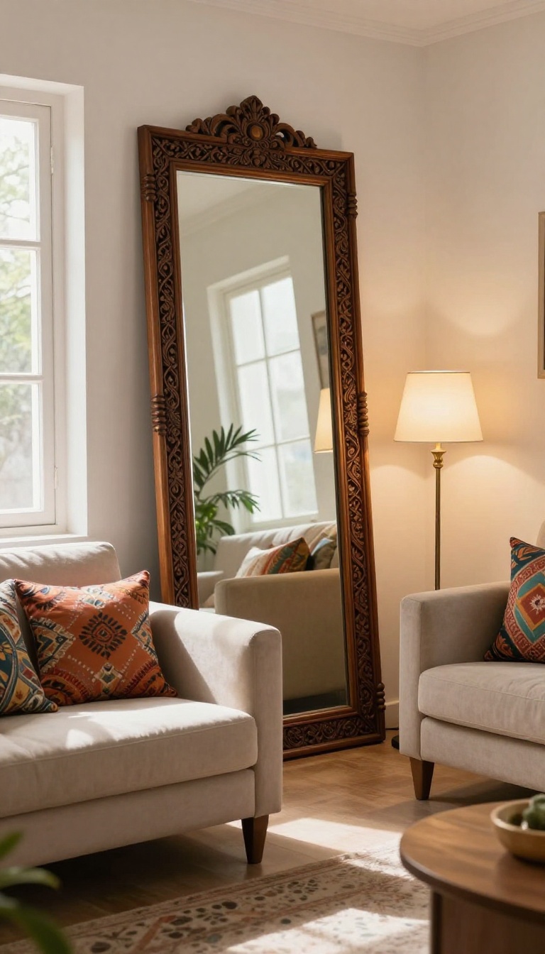Ornate wooden mirror leaning against a wall in a small Indian living room, reflecting light and creating a sense of space.