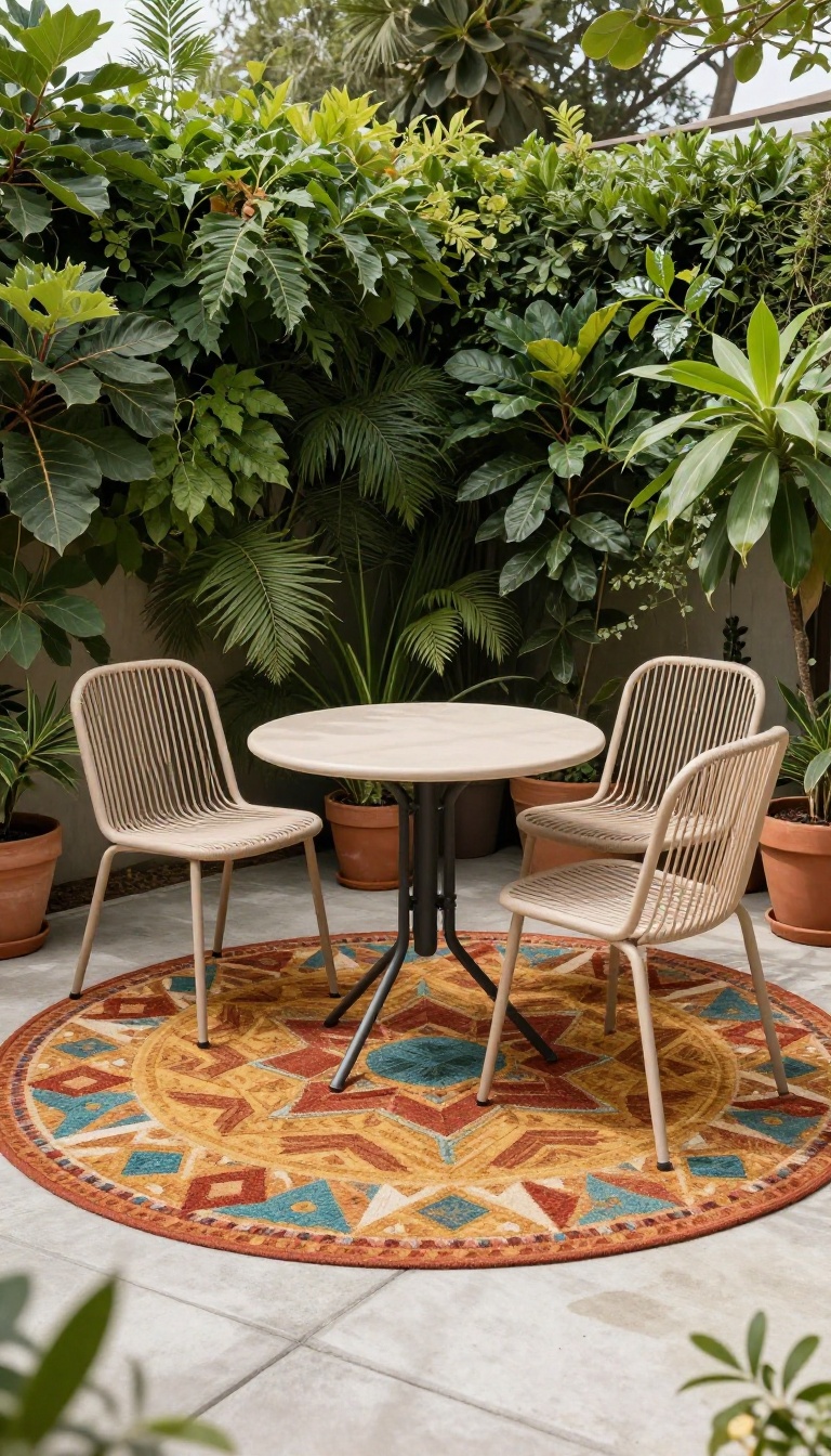 A small patio with a patterned outdoor rug defining a cozy seating area with a bistro set and potted plants.