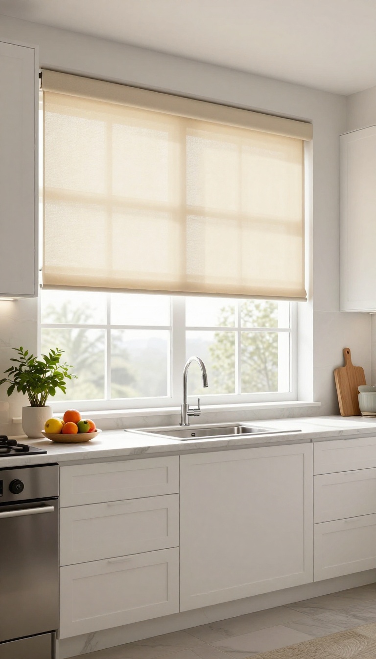 Modern kitchen with honeycomb cellular shades, soft natural light, and clean design