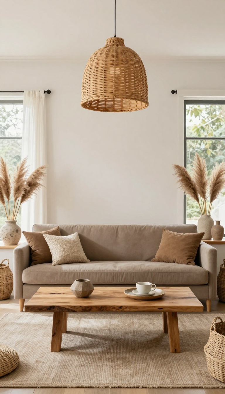Taupe sofa in a cozy living room with natural wood, rattan, and stone accents