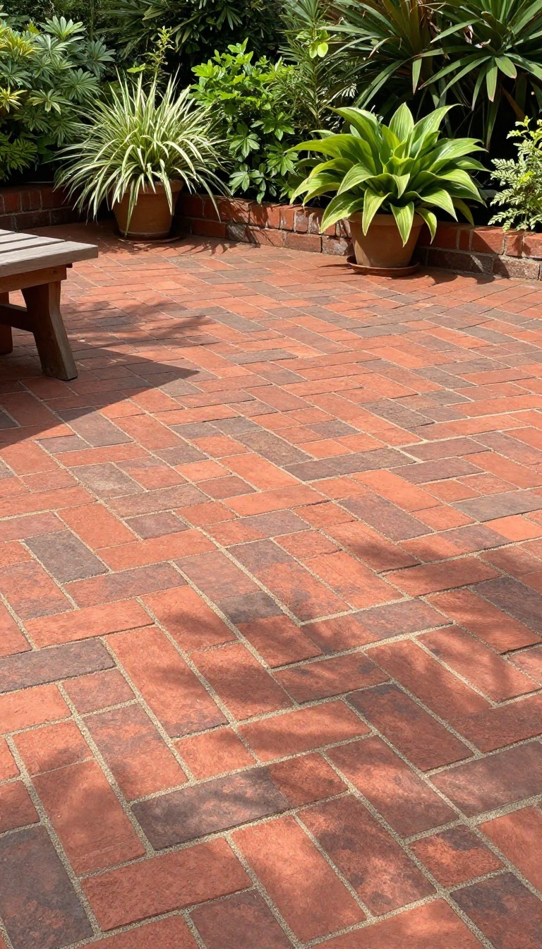 Classic herringbone brick patio in a sunny backyard