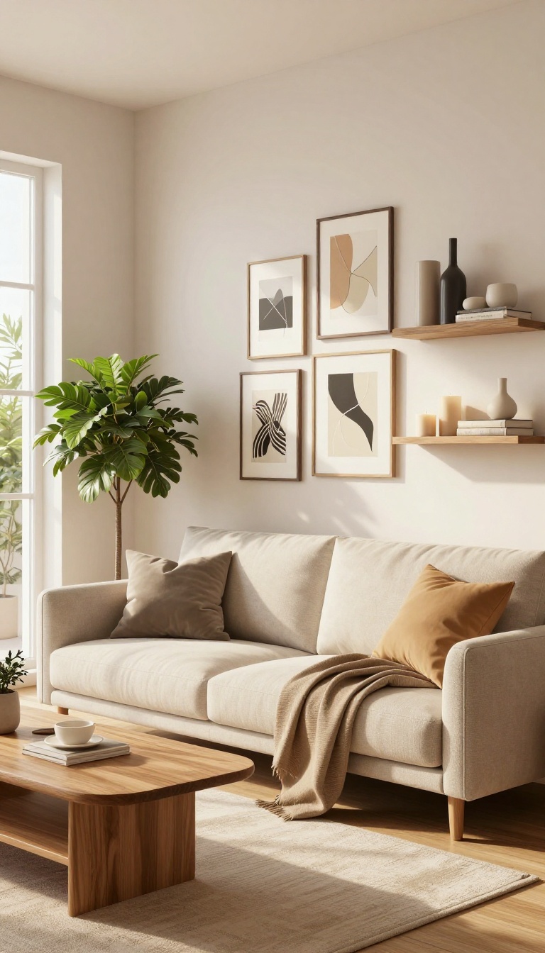 Modern Bloxburg-inspired living room with gallery wall, plants, and personal decor in bright natural light