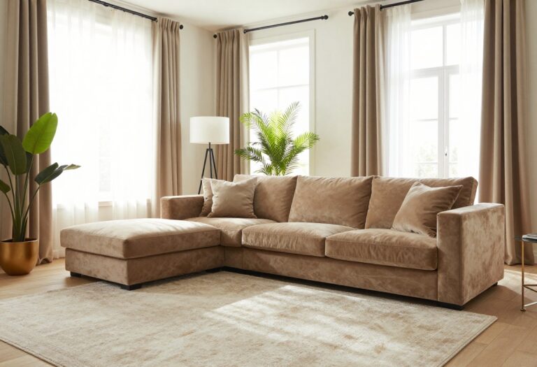Luxury living room with velvet sofa, layered lighting, and elegant decor