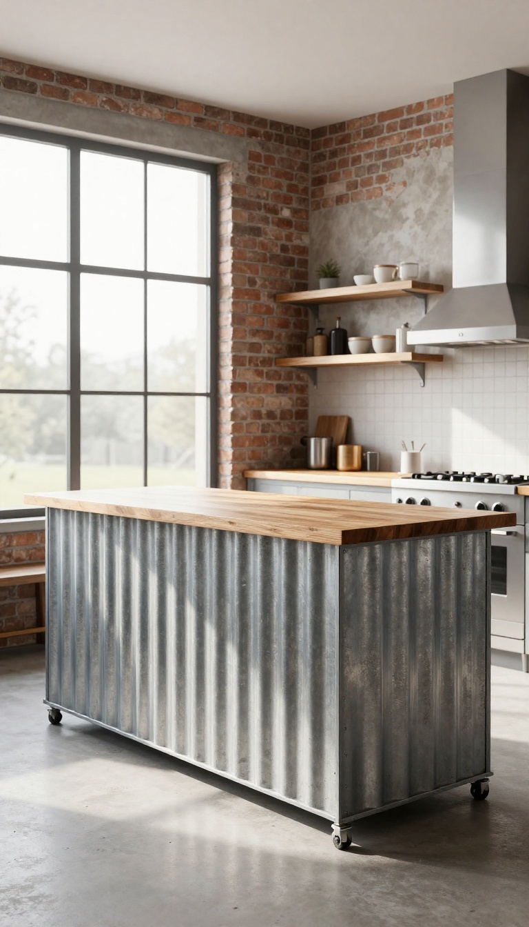 Rolling kitchen island with corrugated metal paneling in a bright industrial kitchen