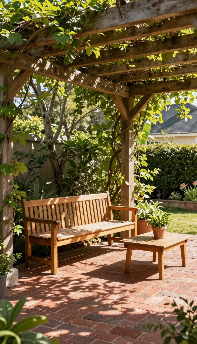 Brick patio with wooden pergola and climbing vines, shaded seating area