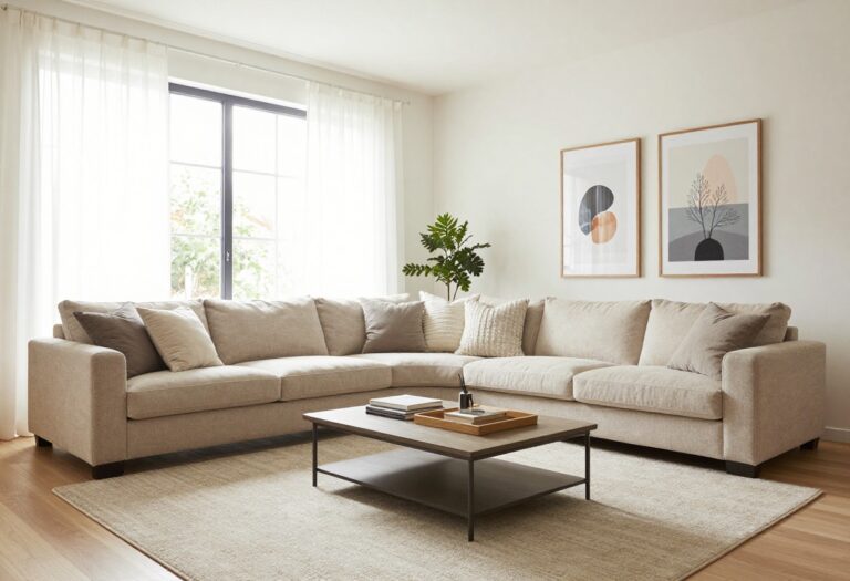 Polished living room with neutral tones, layered lighting, and stylish decor