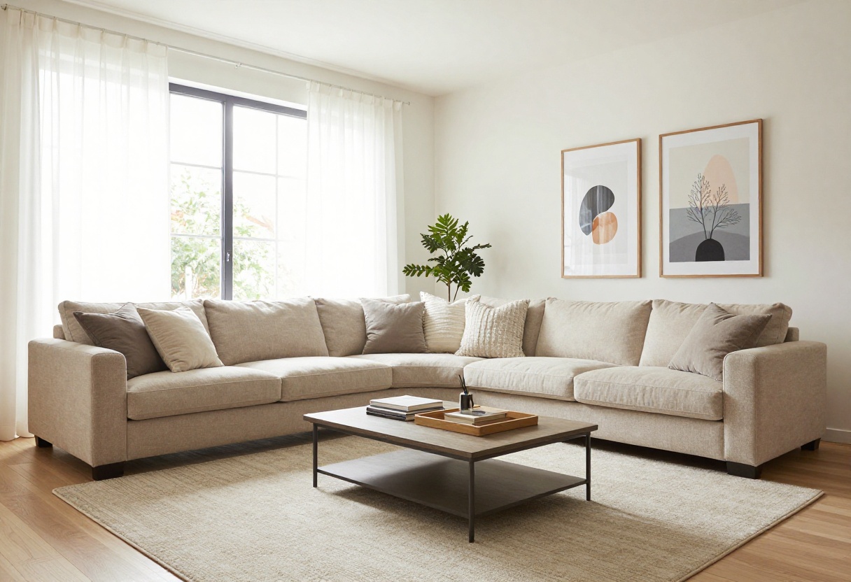 Polished living room with neutral tones, layered lighting, and stylish decor