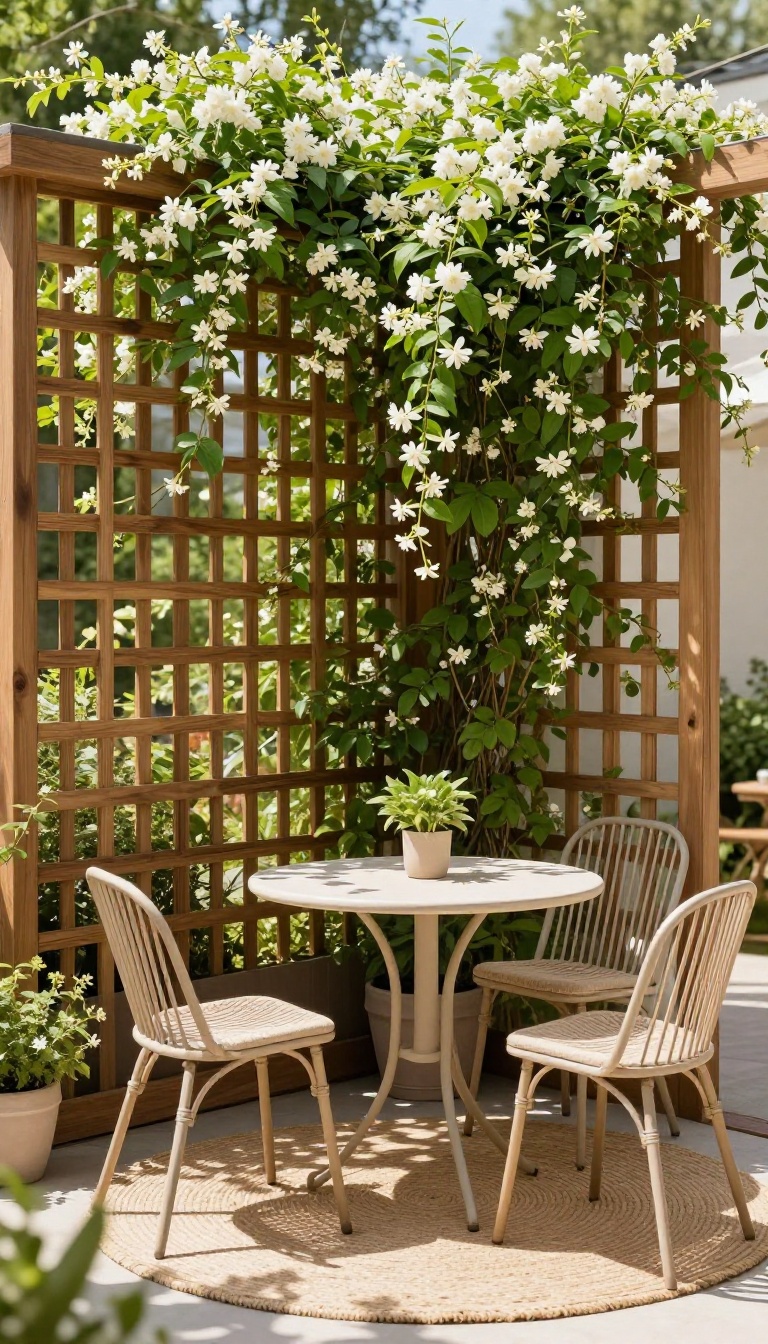 Cozy patio nook with a wooden lattice privacy screen covered in climbing plants, featuring a small bistro table and chairs in bright natural light.