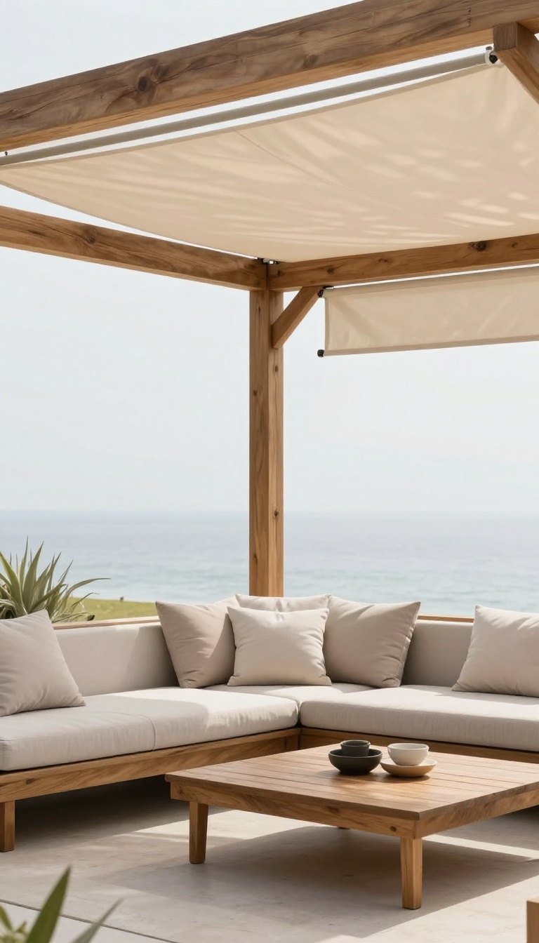 Pergola with retractable canopy providing adjustable shade over a patio seating area