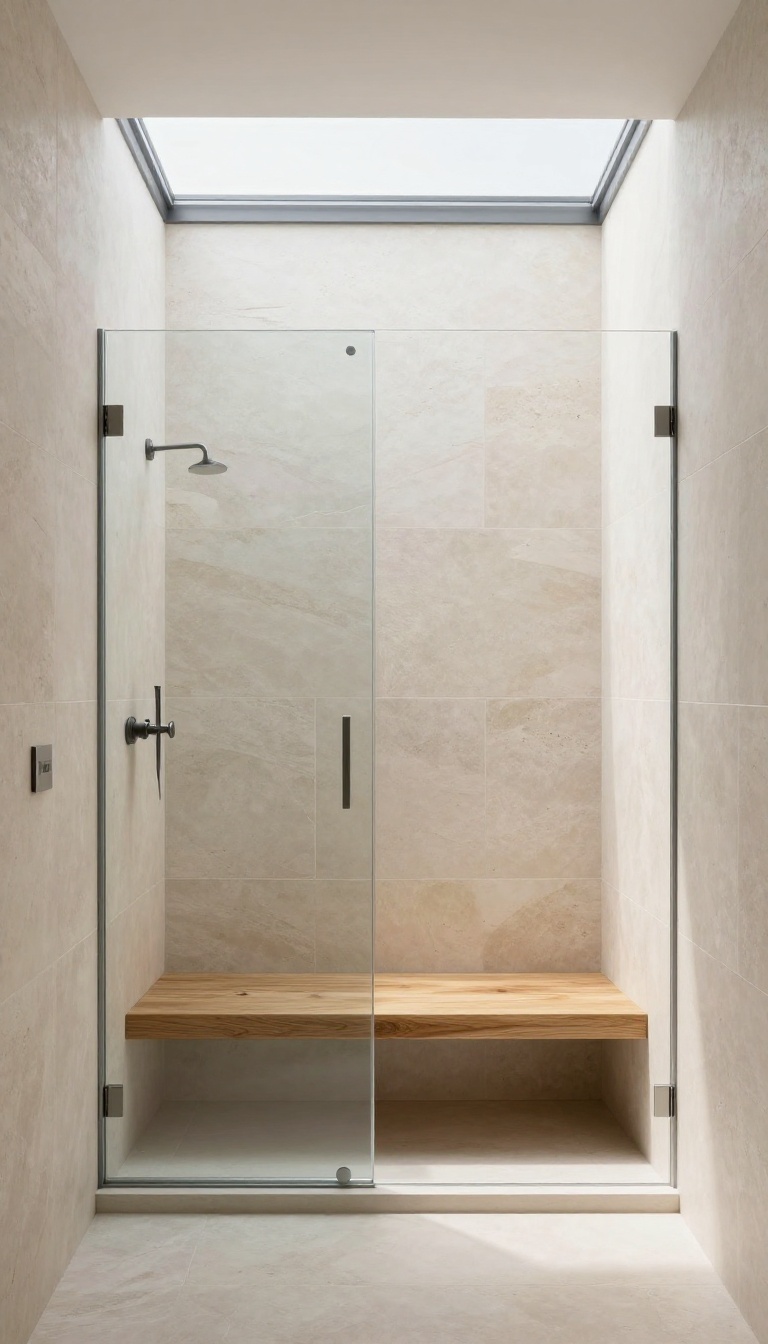 Modern walk-in shower with a built-in teak bench, natural stone tiles, and glass enclosure