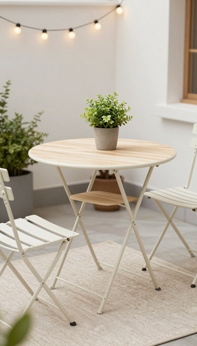 Foldable bistro set on a small apartment patio with a plant and string lights