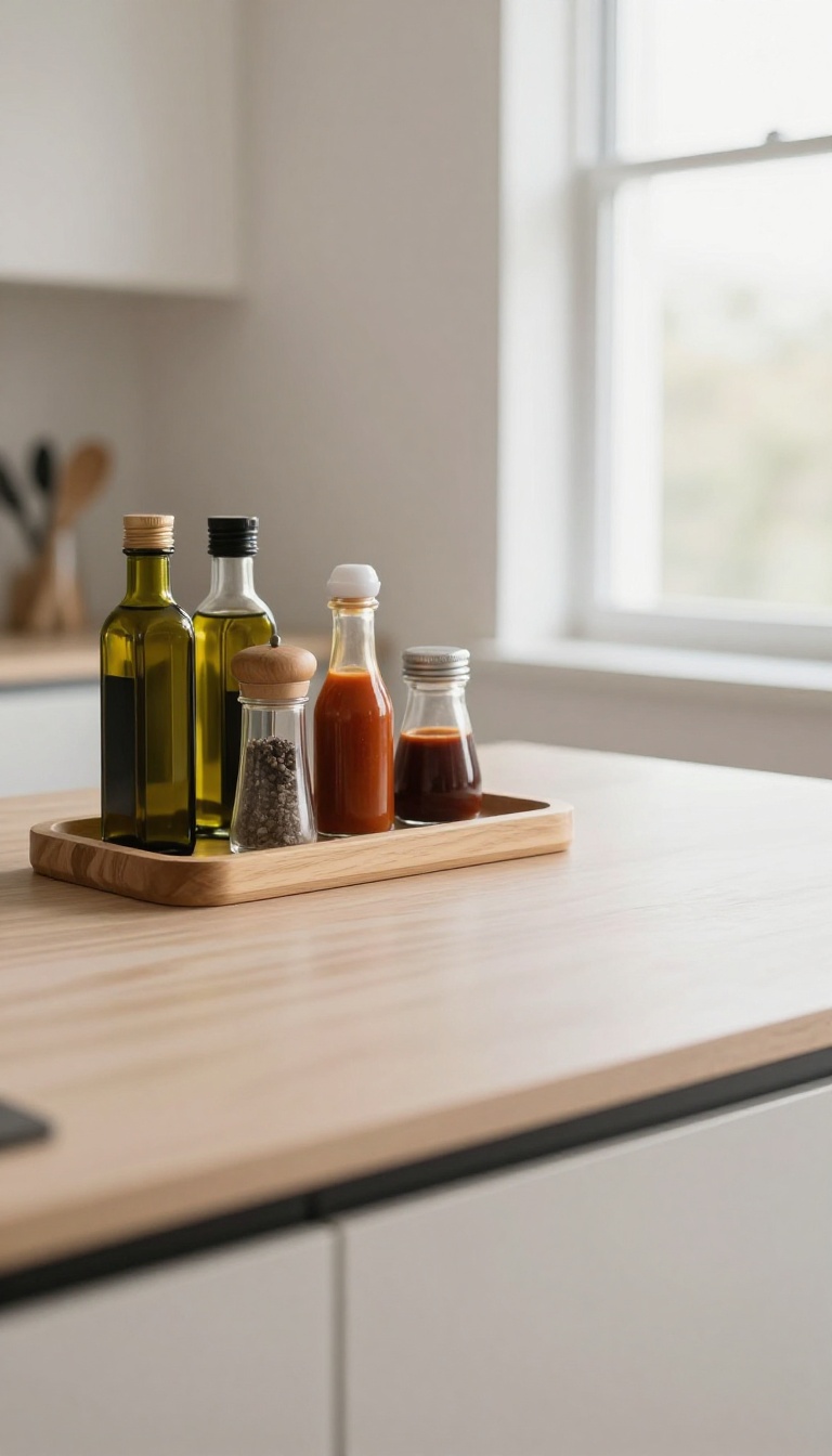 A wooden lazy Susan on a kitchen counter holding condiment bottles and a small jar, neatly organized in a bright, clean kitchen