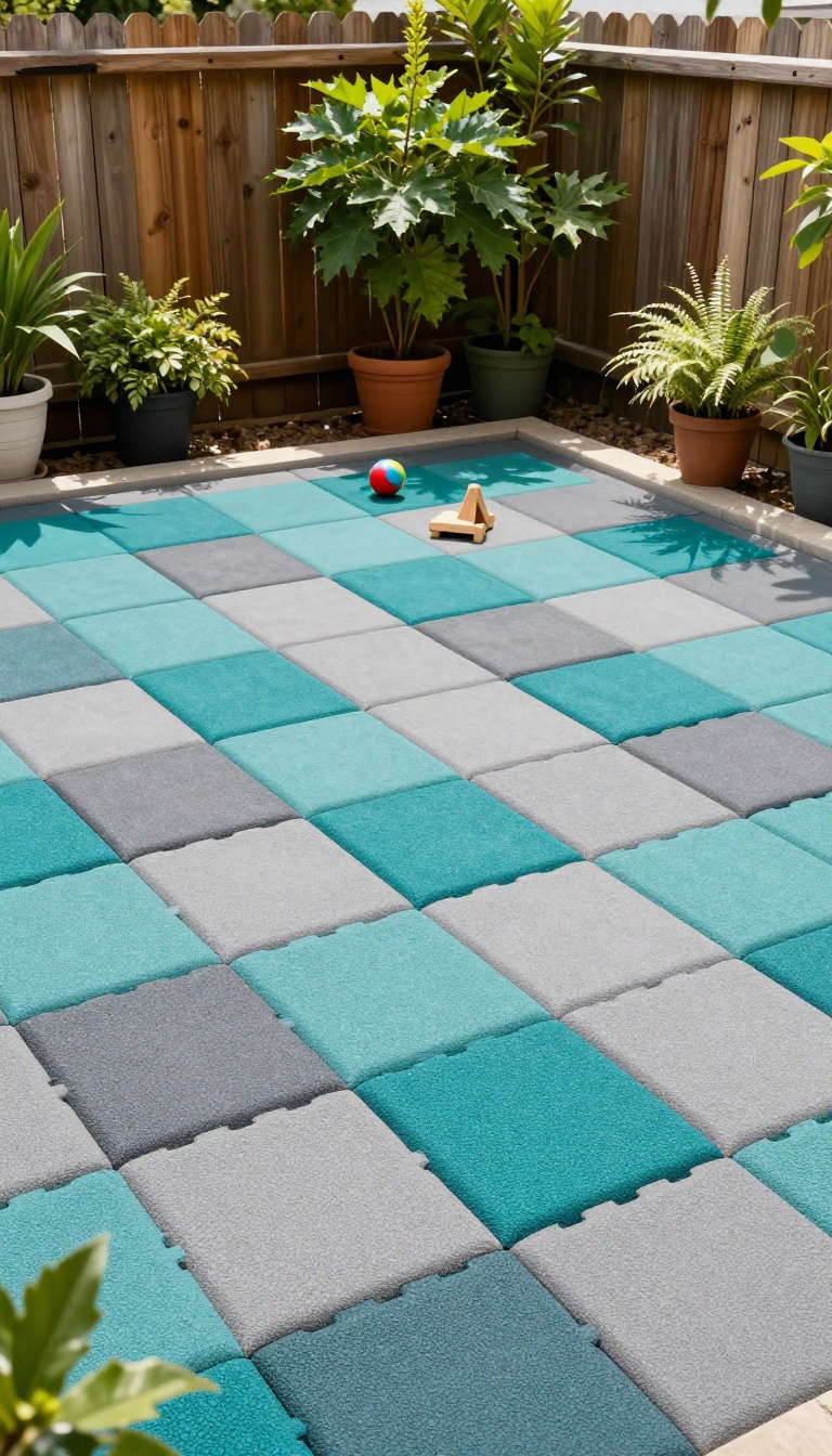 A patio with colorful interlocking rubber playground tiles in a checkerboard pattern, surrounded by plants and a wooden fence, with a toy and ball on the surface.