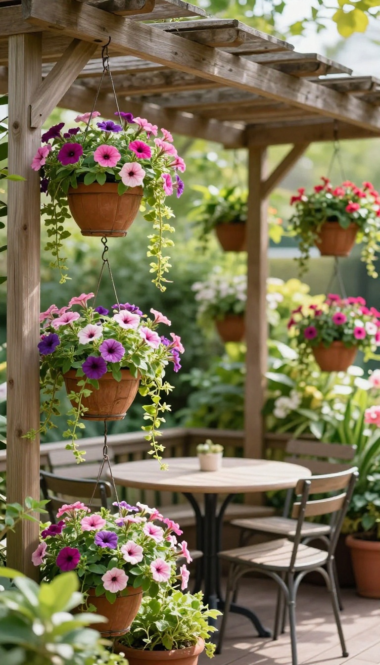 Small patio garden with hanging baskets of colorful flowers suspended from a pergola, creating a lush vertical display.