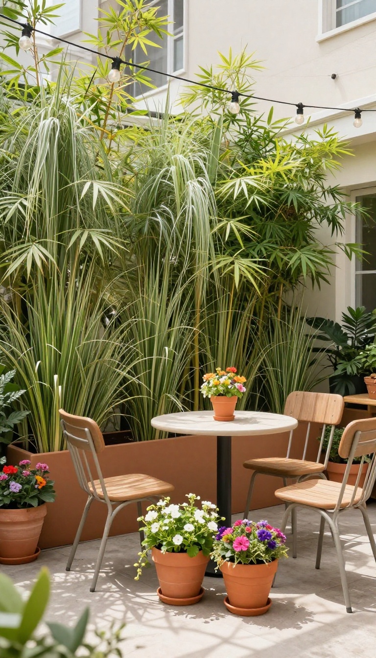 Small patio with potted plants arranged for privacy and greenery