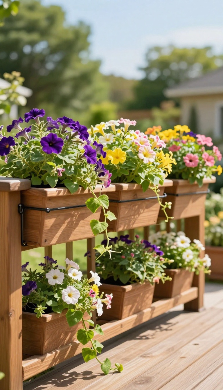 Rail-mounted planters on a deck railing filled with colorful trailing flowers