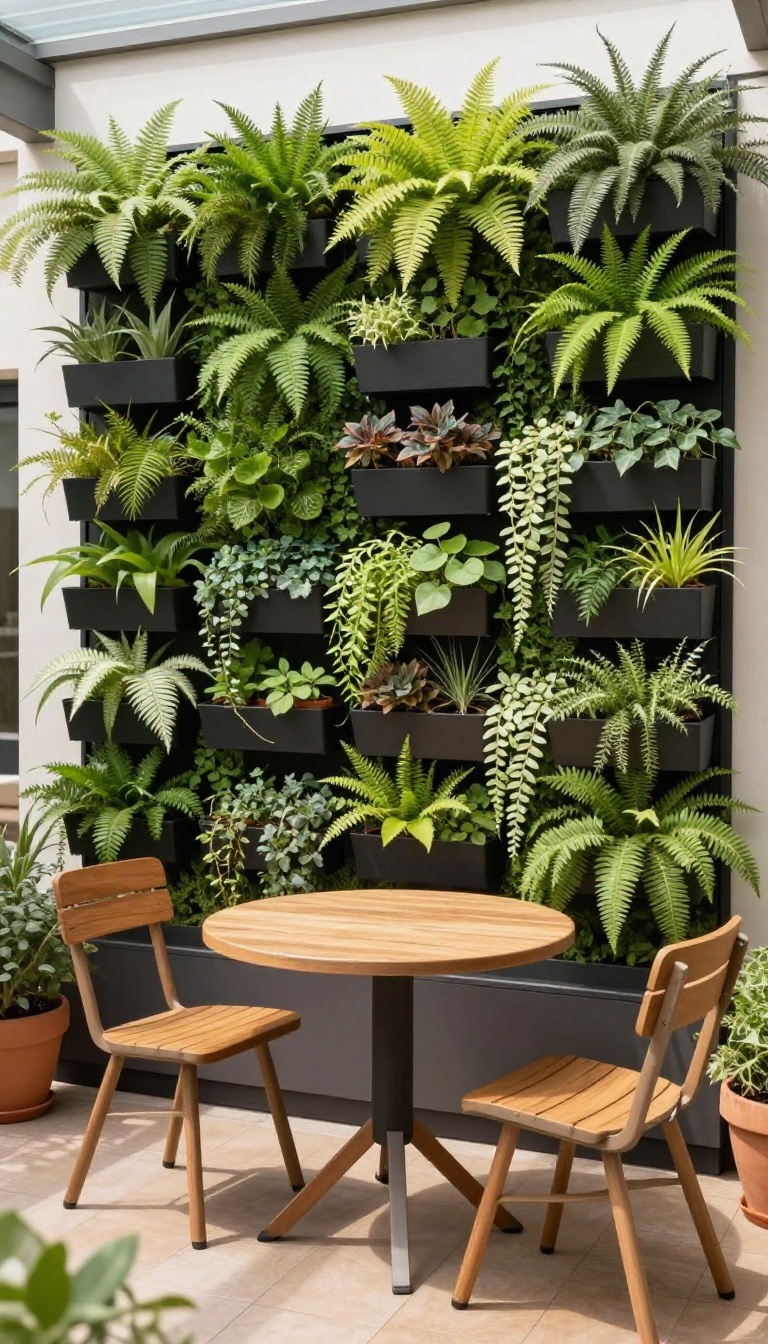 Small patio with a lush vertical living wall, bistro table and chairs, bright natural light
