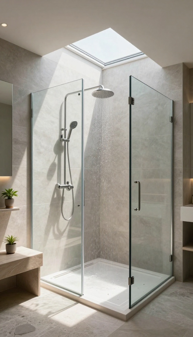 Basement shower with skylight above showerhead, bright natural light streaming in, modern tile design