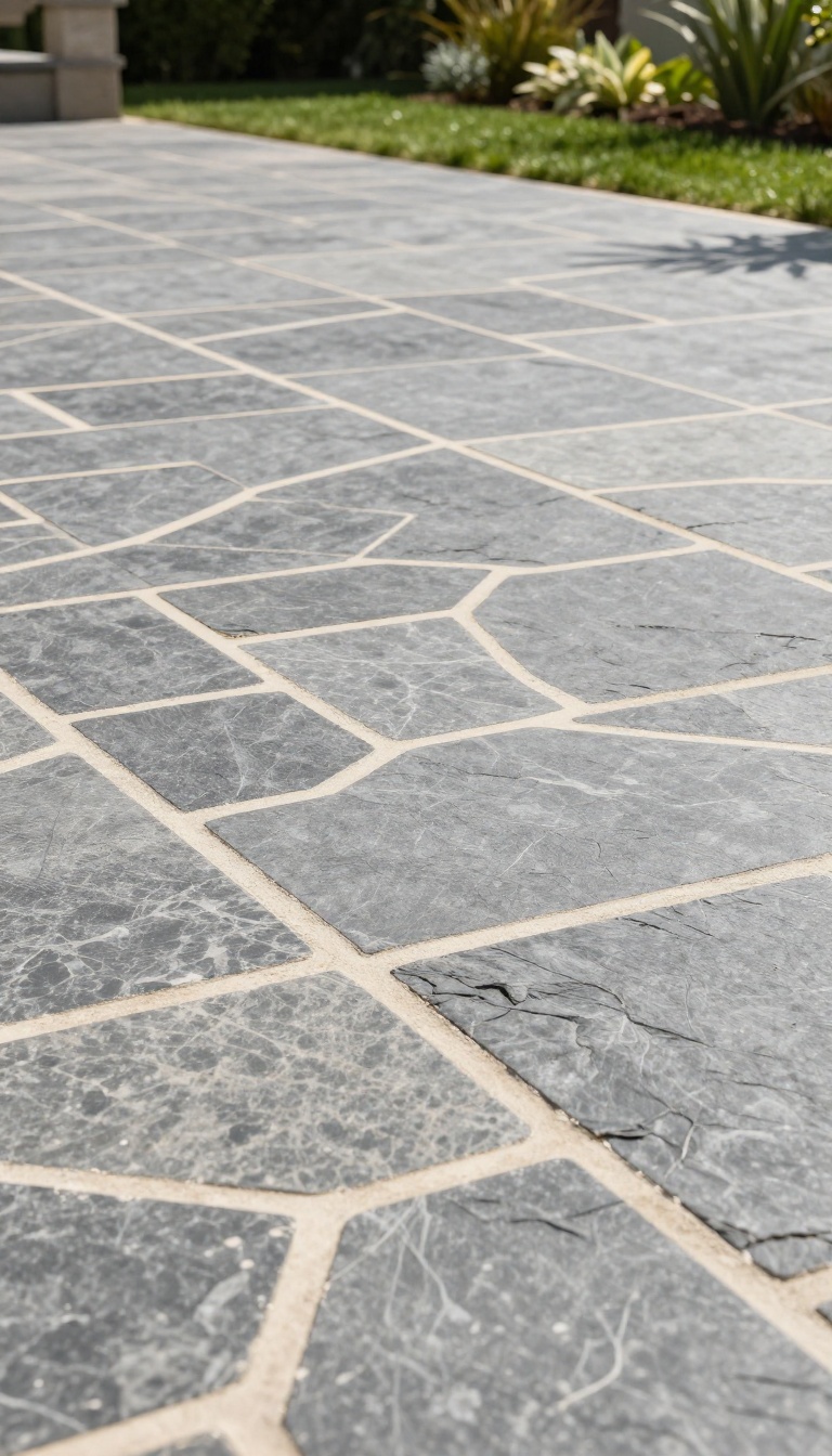 Flagstone patio with contrasting cream mortar joints