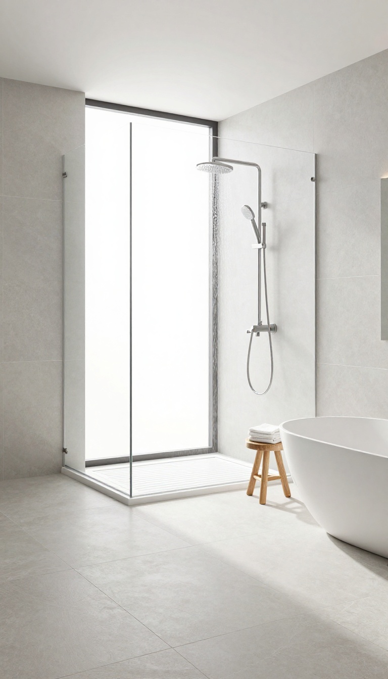 Open bathroom with a curtain-free, drain-focused walk-in shower and linear drain.