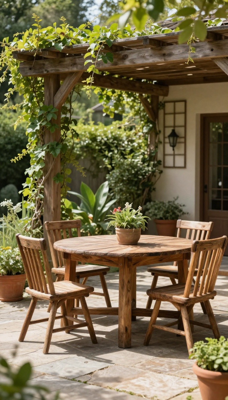 Flagstone patio with a wooden pergola draped in climbing vines, creating a shaded outdoor dining area.