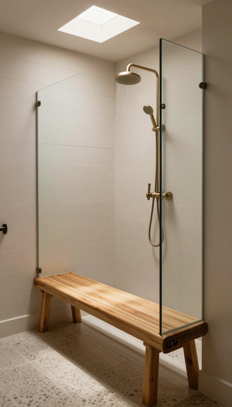 Modern farmhouse shower with mixed metal finishes and wood accents