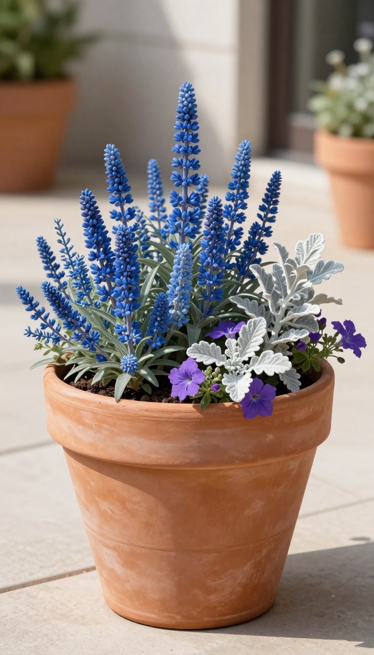 A large terracotta planter on a patio with a mixed container garden in blue, silver, and purple tones, showcasing a unified color palette.