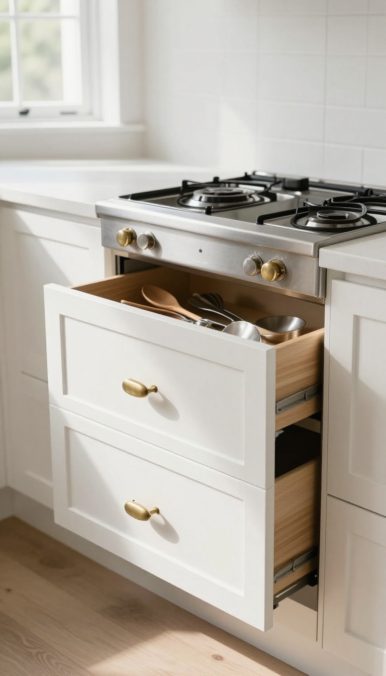 Modern farmhouse kitchen with apron-front drawers for utensils near the stove