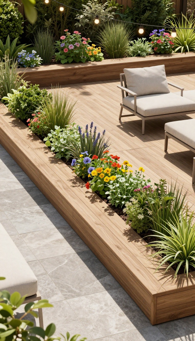 Deck with built-in planters and patio garden, lush greenery and outdoor seating