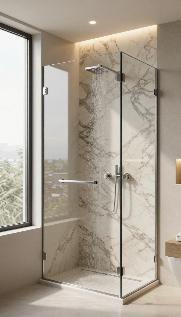 Walk-in shower with onyx wall illuminated by recessed ceiling lighting
